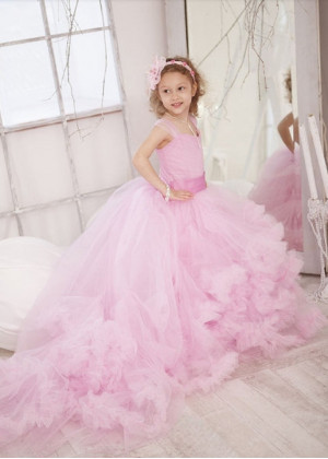 Pink Tulle Pleated Clouds Ruffled Flower Girl Dress